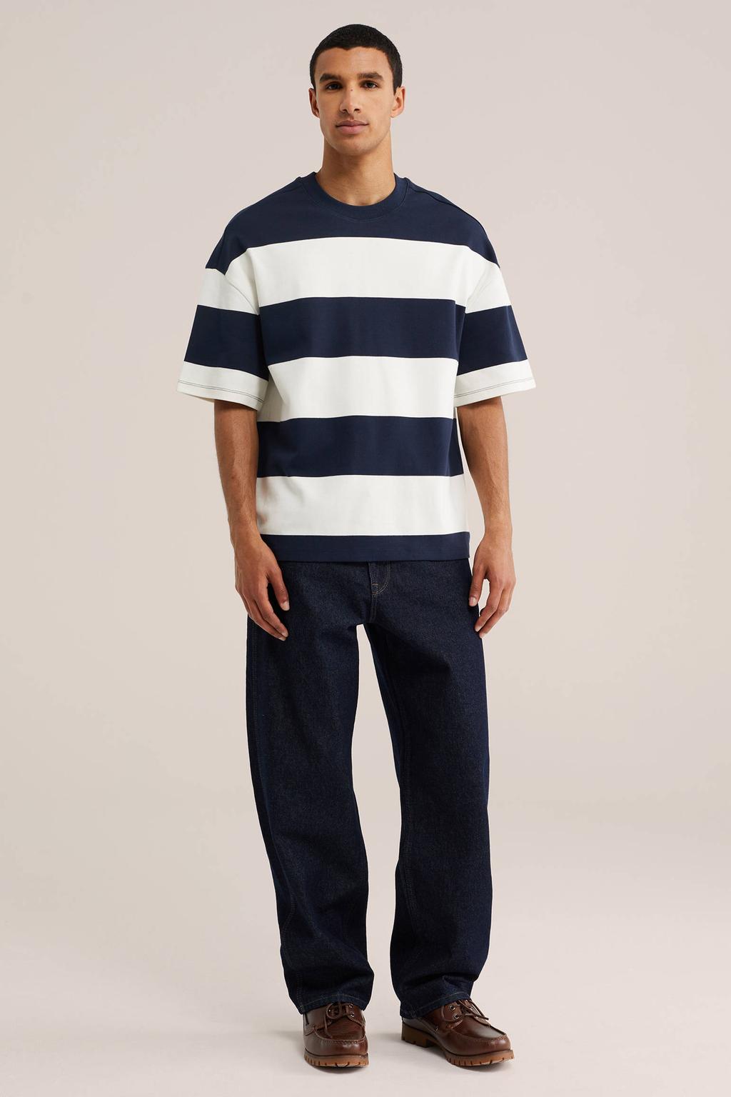 Donkerblauwe heren WE Fashion boxy gestreept T-shirt van katoen met korte mouwen en ronde hals