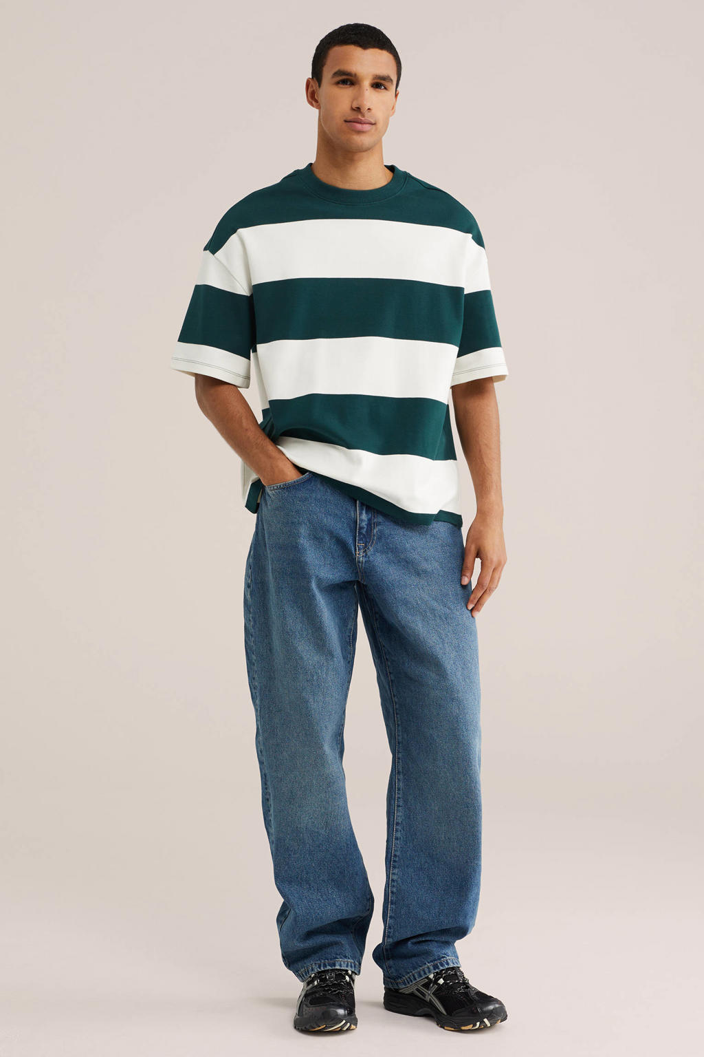 Donkergroene heren WE Fashion boxy gestreept T-shirt van katoen met korte mouwen en ronde hals