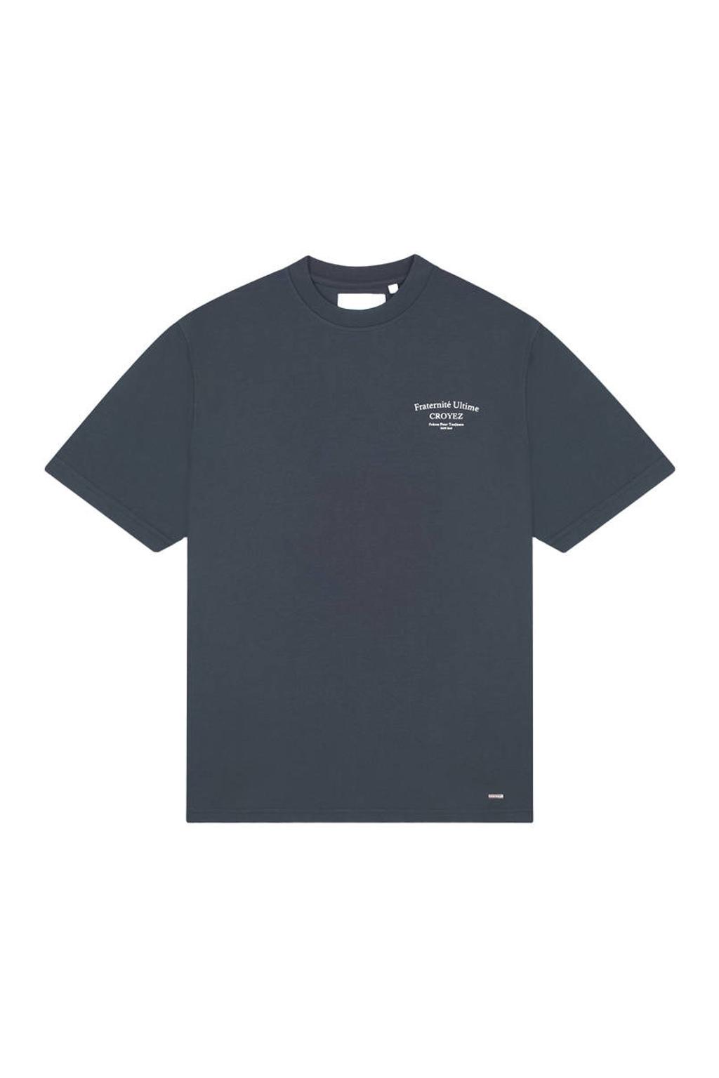 Donkerblauwe heren Croyez relaxed fit T-shirt van katoen met korte mouwen, ronde hals en geribde boorden