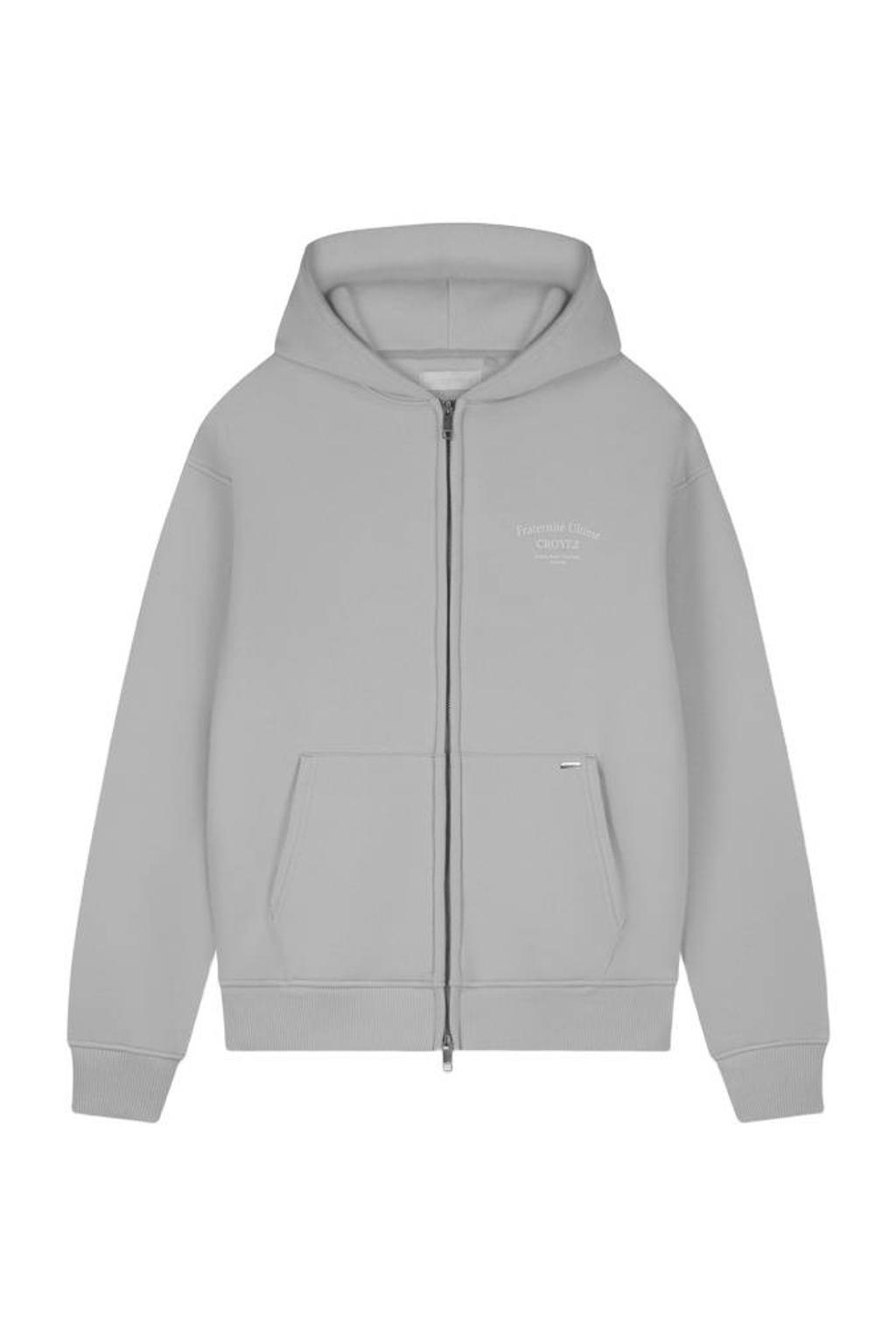 Grijze heren Croyez sweatvest met backprint, lange mouwen, capuchon, 2-way rits en geribde boorden