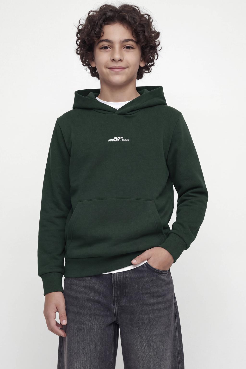 Donkergroene jongens JACK & JONES JUNIOR hoodie van sweat materiaal met backprint, lange mouwen en capuchon