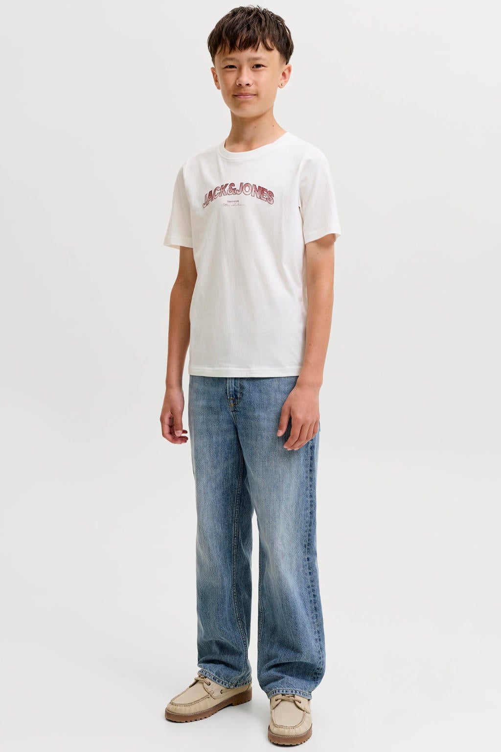 Medium blue denim jongens JACK & JONES JUNIOR baggy jeans mediumblauw van denim met rits- en knoopsluiting en effen