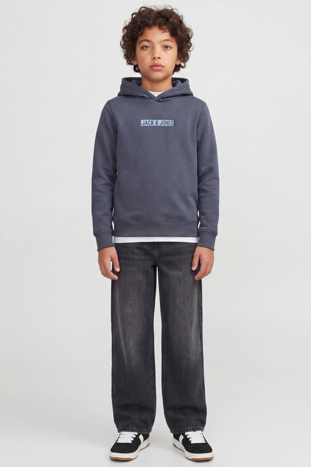 Grijsblauwe jongens JACK & JONES JUNIOR hoodie blauw van sweat materiaal met logo dessin, lange mouwen en capuchon