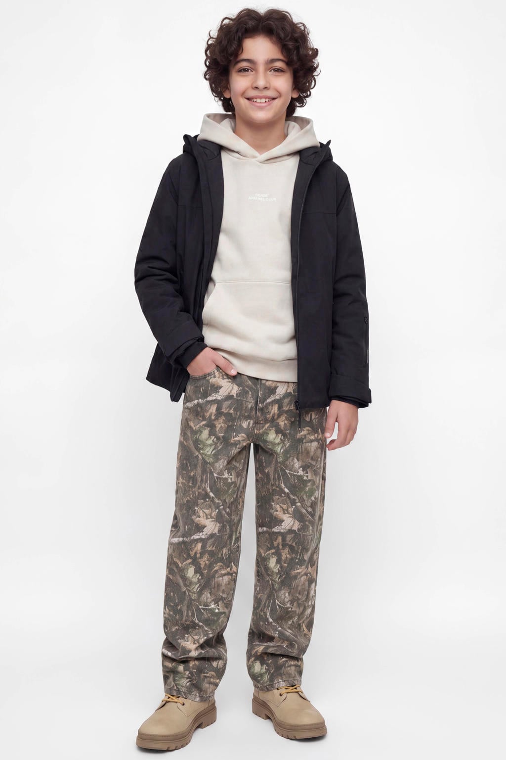 Beige jongens JACK & JONES JUNIOR hoodie van sweat materiaal met backprint, lange mouwen en capuchon