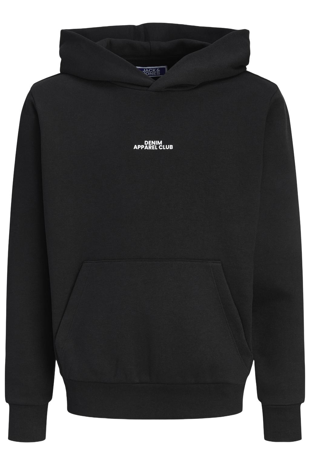 Zwarte jongens JACK & JONES JUNIOR junior hoodie van sweat materiaal met backprint, lange mouwen en capuchon