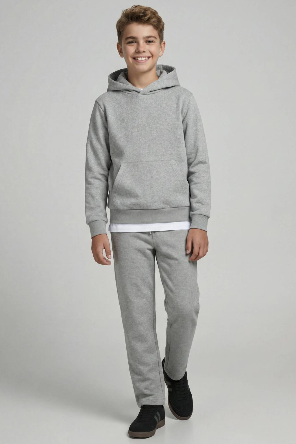 Grijze jongens JJ REBEL JUNIOR hoodie van polyester met effen, lange mouwen, capuchon en gebreide details