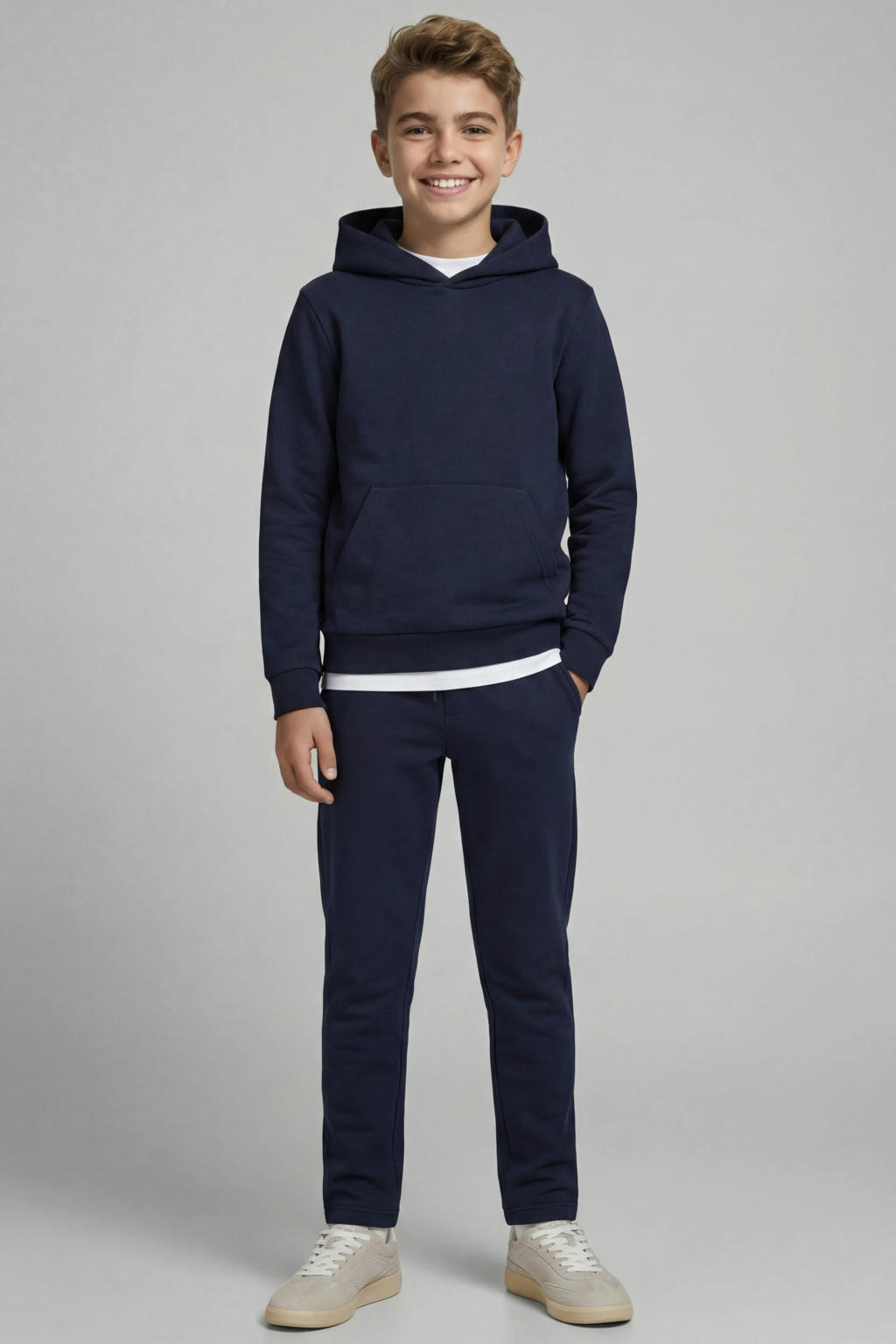 Donkerblauwe jongens JJ REBEL JUNIOR joggingbroek van polyester met elastische tailleband met koord en effen