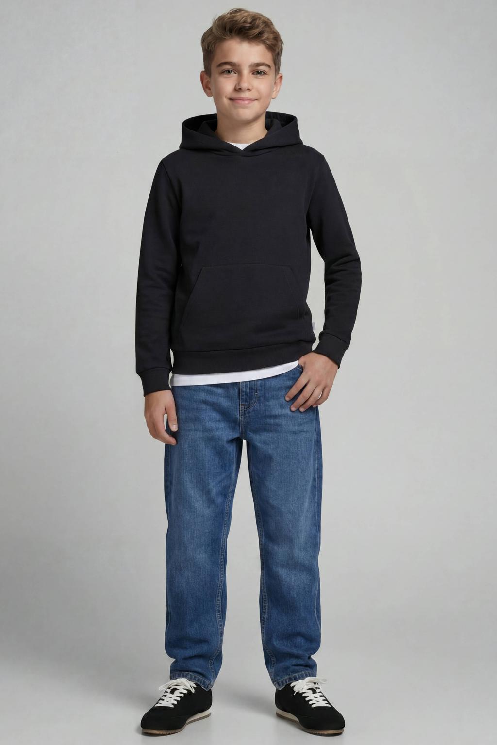 Zwarte jongens JJ REBEL JUNIOR hoodie van polyester met effen, lange mouwen, capuchon en gebreide details