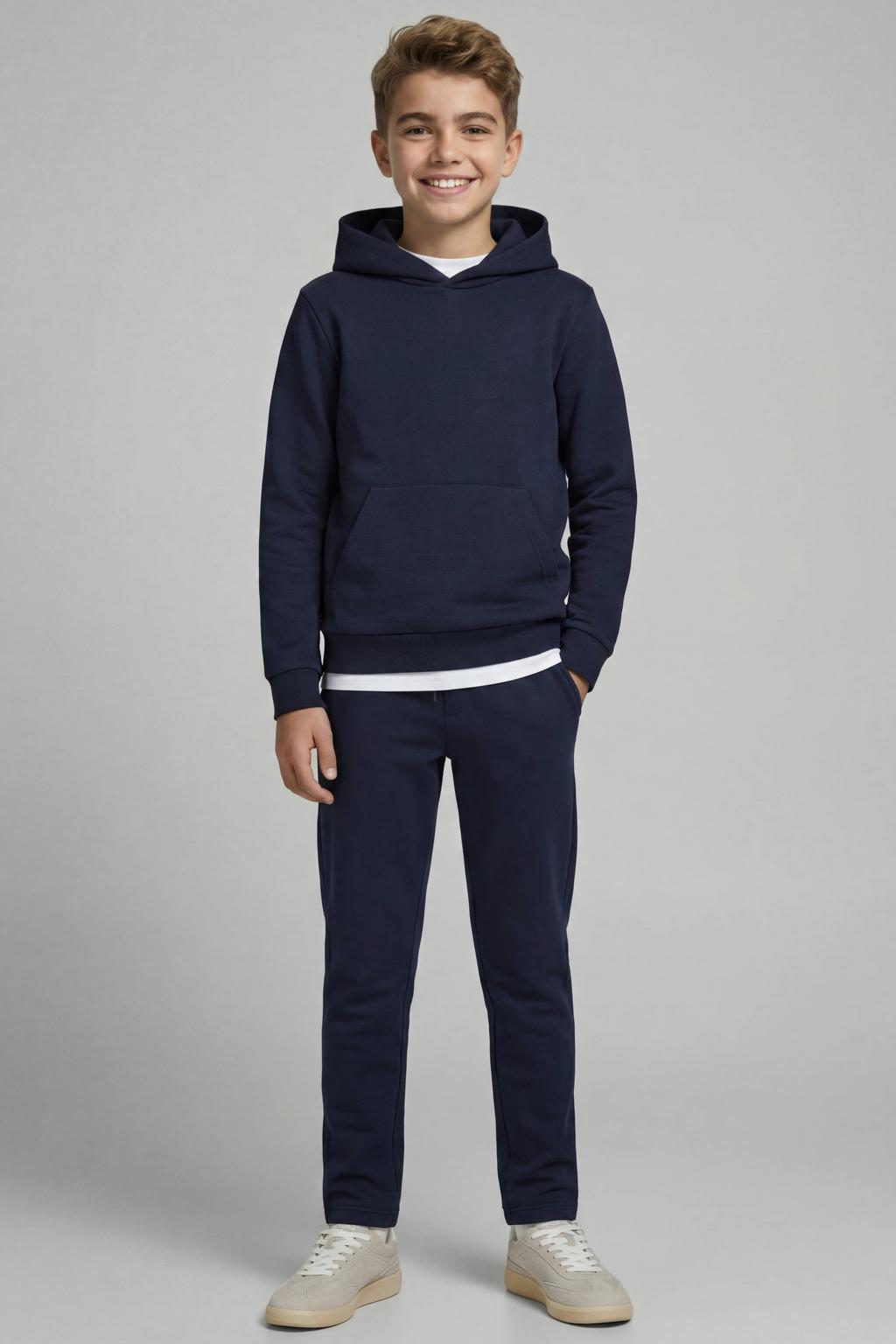 Donkerblauwe jongens JJ REBEL JUNIOR hoodie van polyester met effen, lange mouwen, capuchon en gebreide details