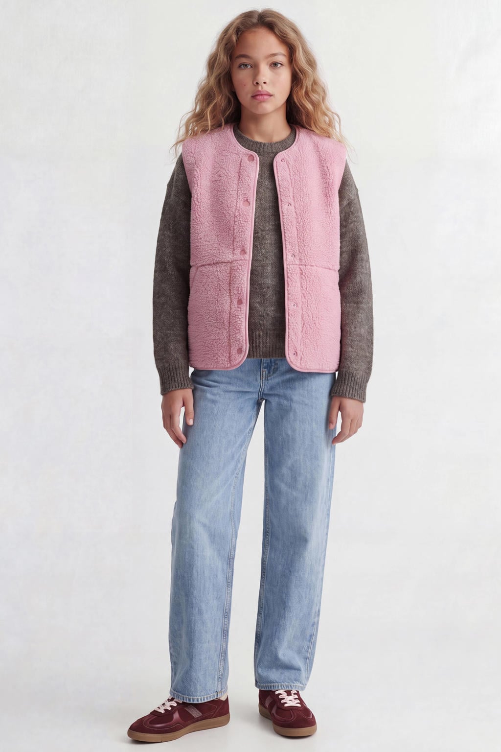 Roze meisjes JJXX GIRL rechtvallend teddy gilet met effen, ronde hals en drukknoopsluiting