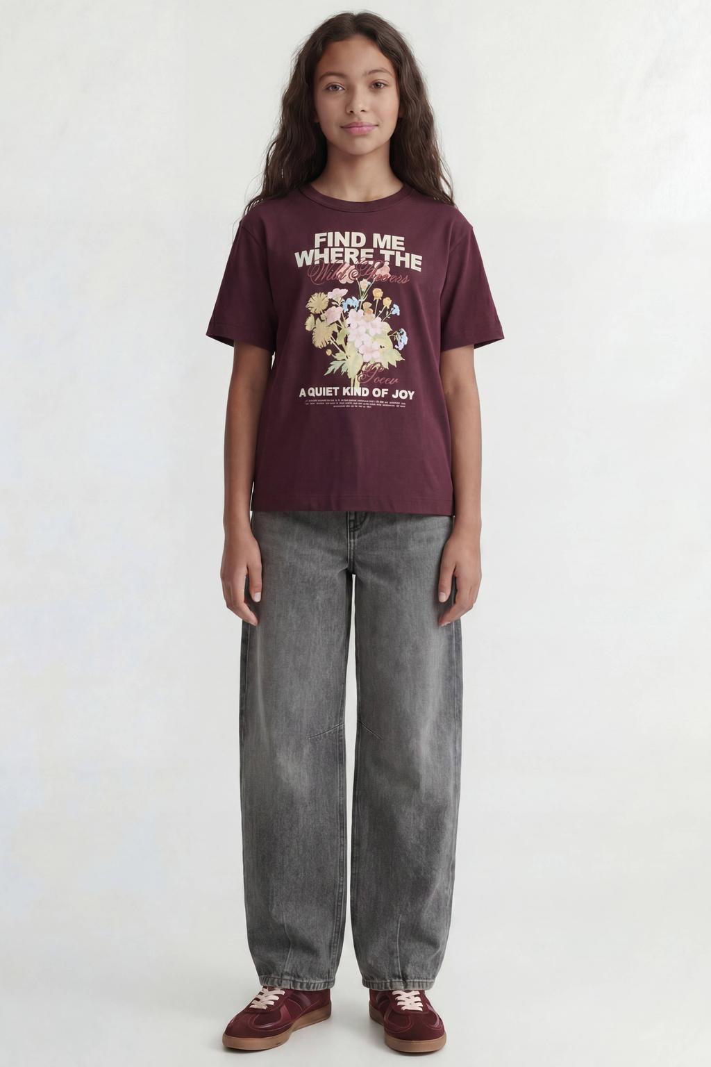 Aubergine meisjes JJXX GIRL T-shirt van katoen met printopdruk, korte mouwen en ronde hals