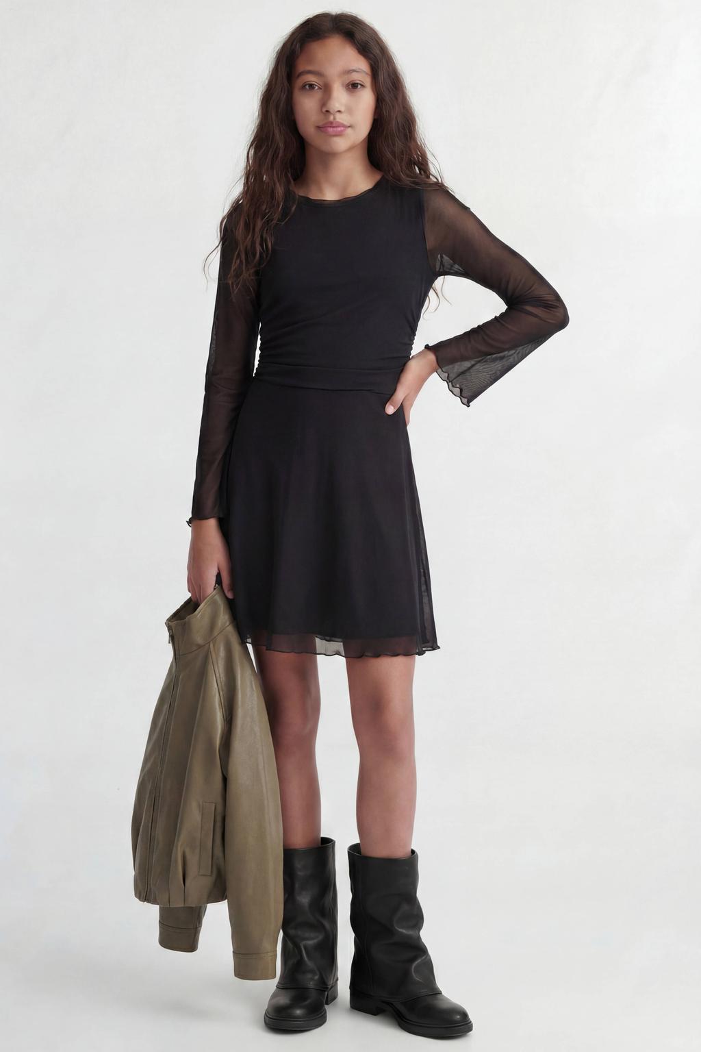 Zwarte meisjes JJXX GIRL korte jurk van polyester met effen, lange mouwen, ronde hals en mesh