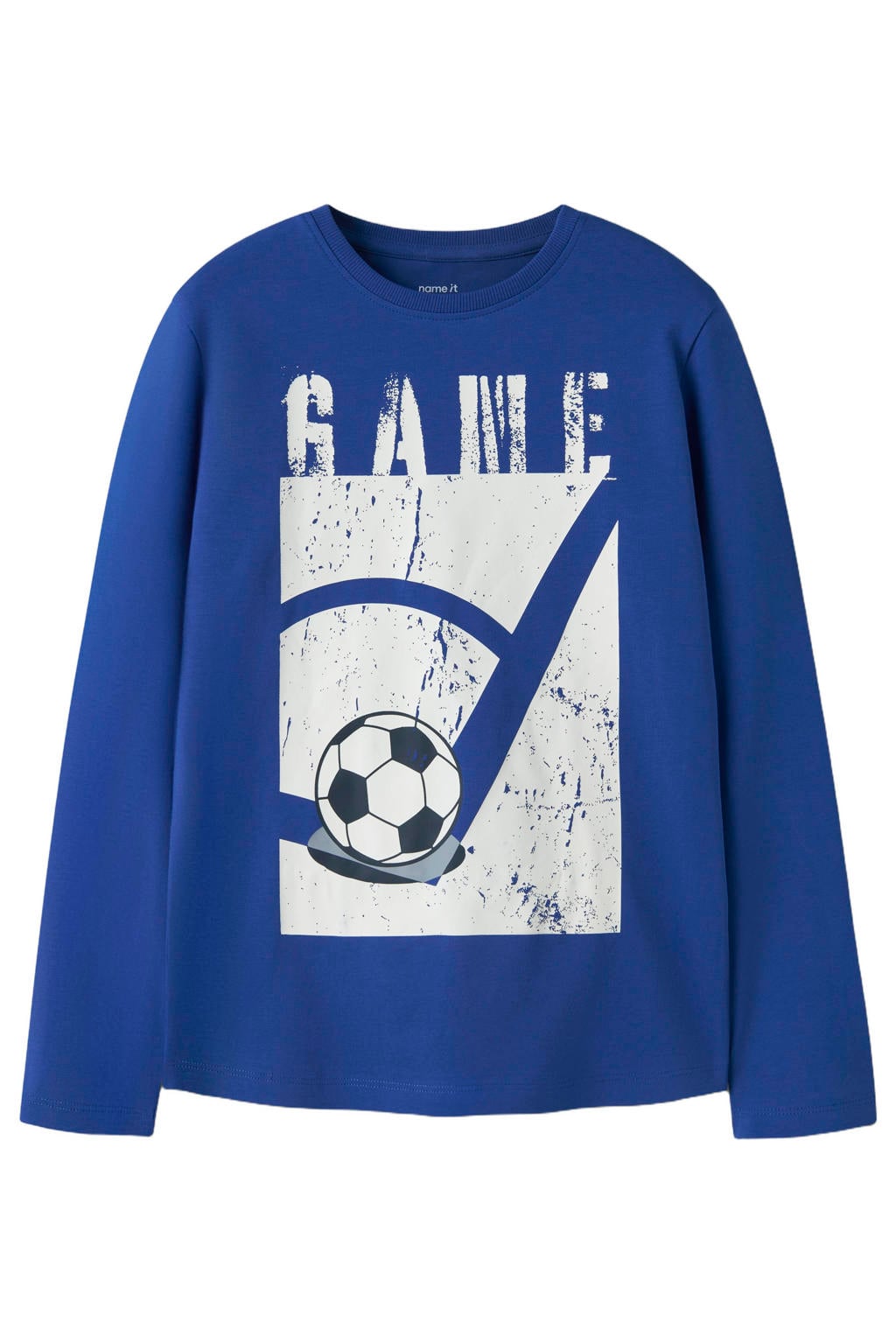 Blauwe jongens NAME IT KIDS rechtvallende longsleeve van stretchkatoen met printopdruk, lange mouwen en ronde hals