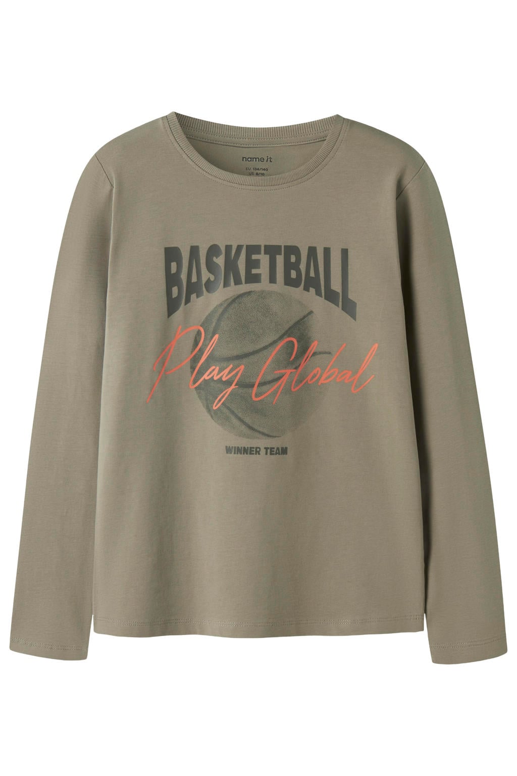 Groene jongens NAME IT KIDS rechtvallende longsleeve van stretchkatoen met printopdruk, lange mouwen en ronde hals