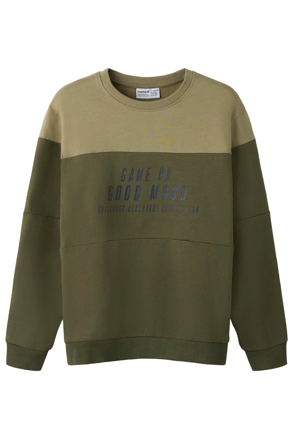 Donkergroen en groene jongens NAME IT KIDS rechtvallende sweater van katoen met meerkleurige print, lange mouwen en ronde hals