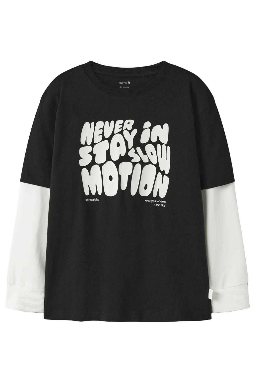 Zwarte jongens NAME IT KIDS longsleeve van katoen met tekst print, lange mouwen, ronde hals en geribde boorden