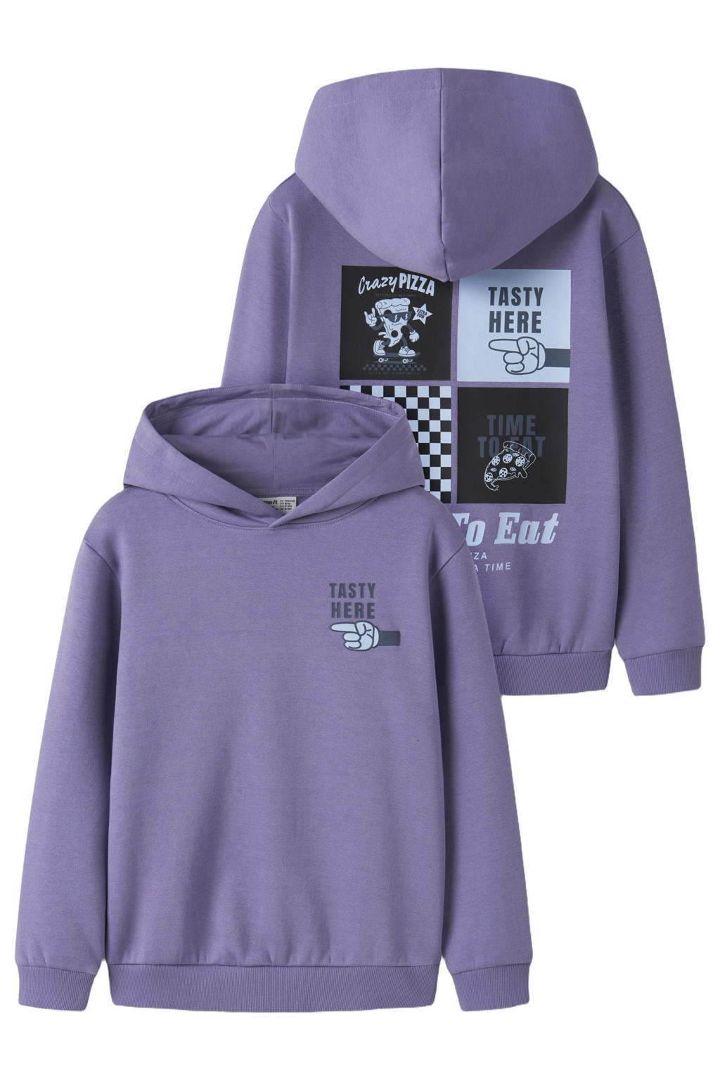 Paarse jongens NAME IT KIDS oversized sweater met backprint, lange mouwen en capuchon
