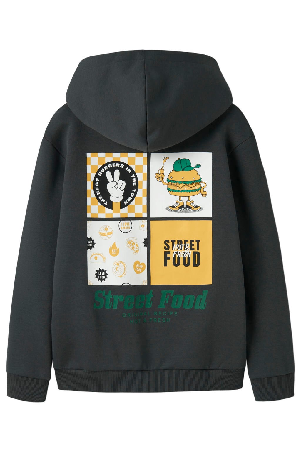 Antraciete jongens NAME IT KIDS oversized sweater met backprint, lange mouwen en capuchon