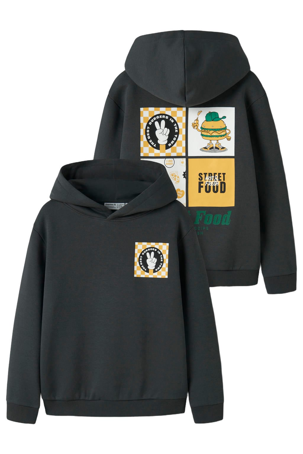Antraciete jongens NAME IT KIDS oversized sweater met backprint, lange mouwen en capuchon
