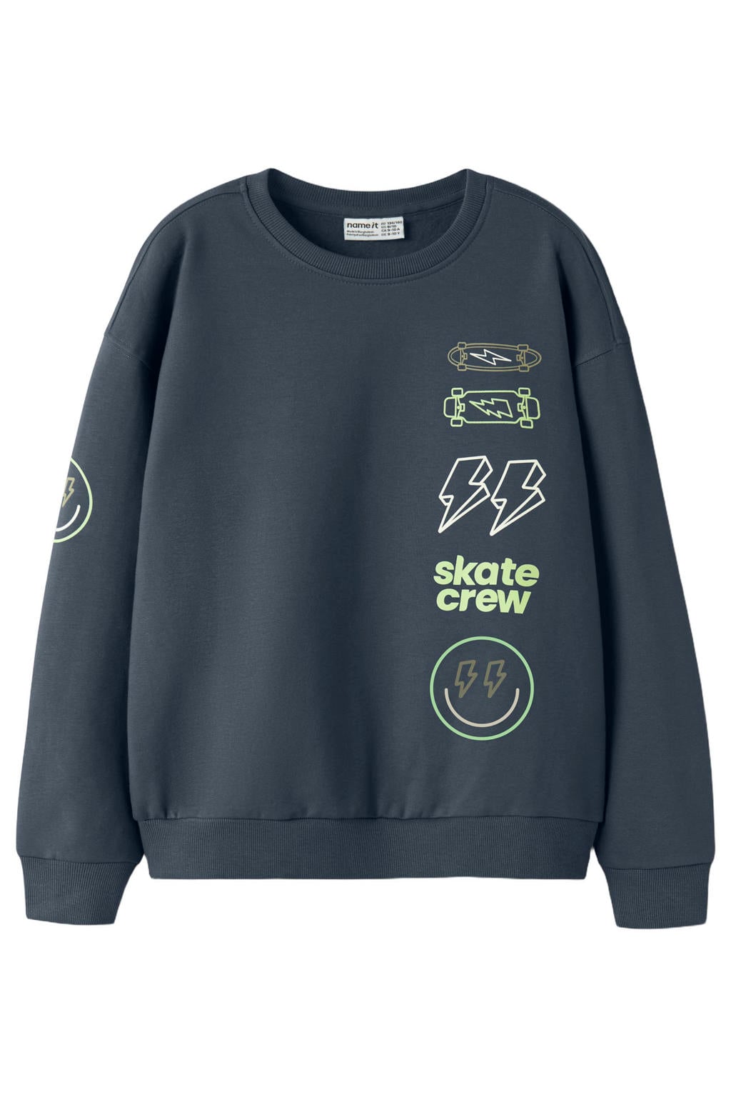 Grijsblauwe jongens NAME IT KIDS rechtvallende sweater blauw van katoen met printopdruk, lange mouwen en ronde hals