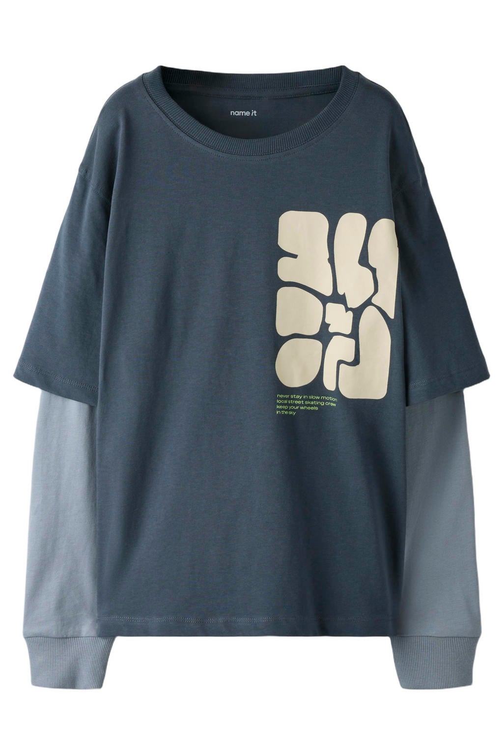 Blauwe jongens NAME IT KIDS longsleeve van katoen met printopdruk, lange mouwen, ronde hals en geribde boorden