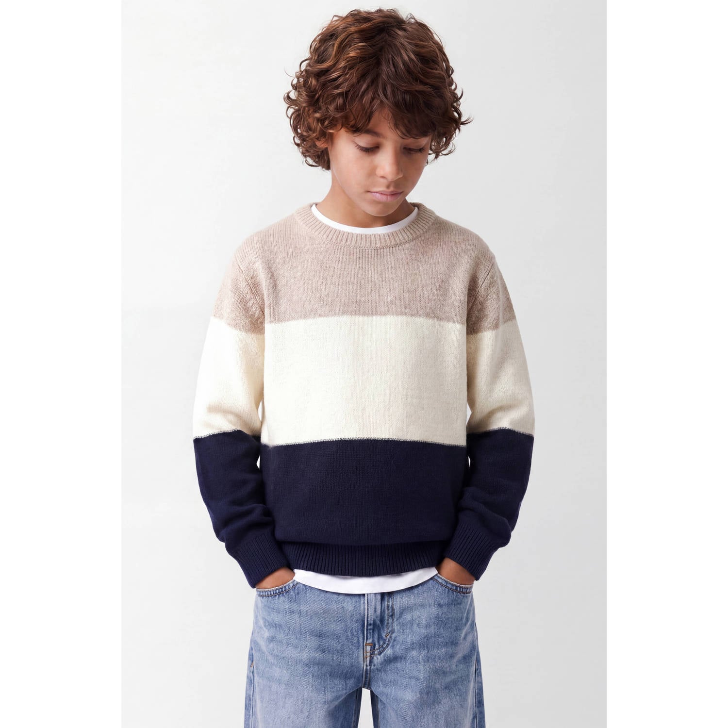 NAME IT KIDS katoenen rechtvallende gebreide gestreepte trui beige