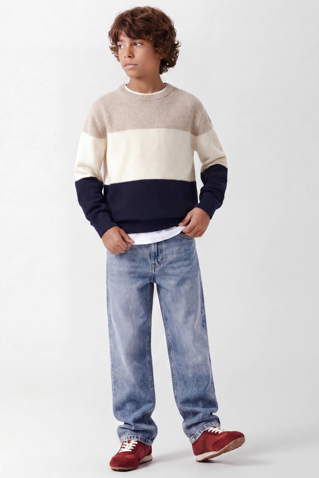 NAME IT KIDS katoenen rechtvallende gebreide gestreepte trui - beige