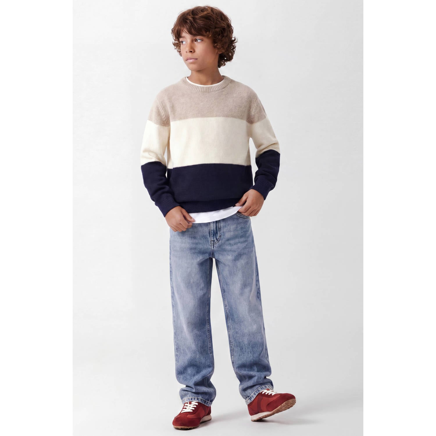 NAME IT KIDS katoenen rechtvallende gebreide gestreepte trui beige