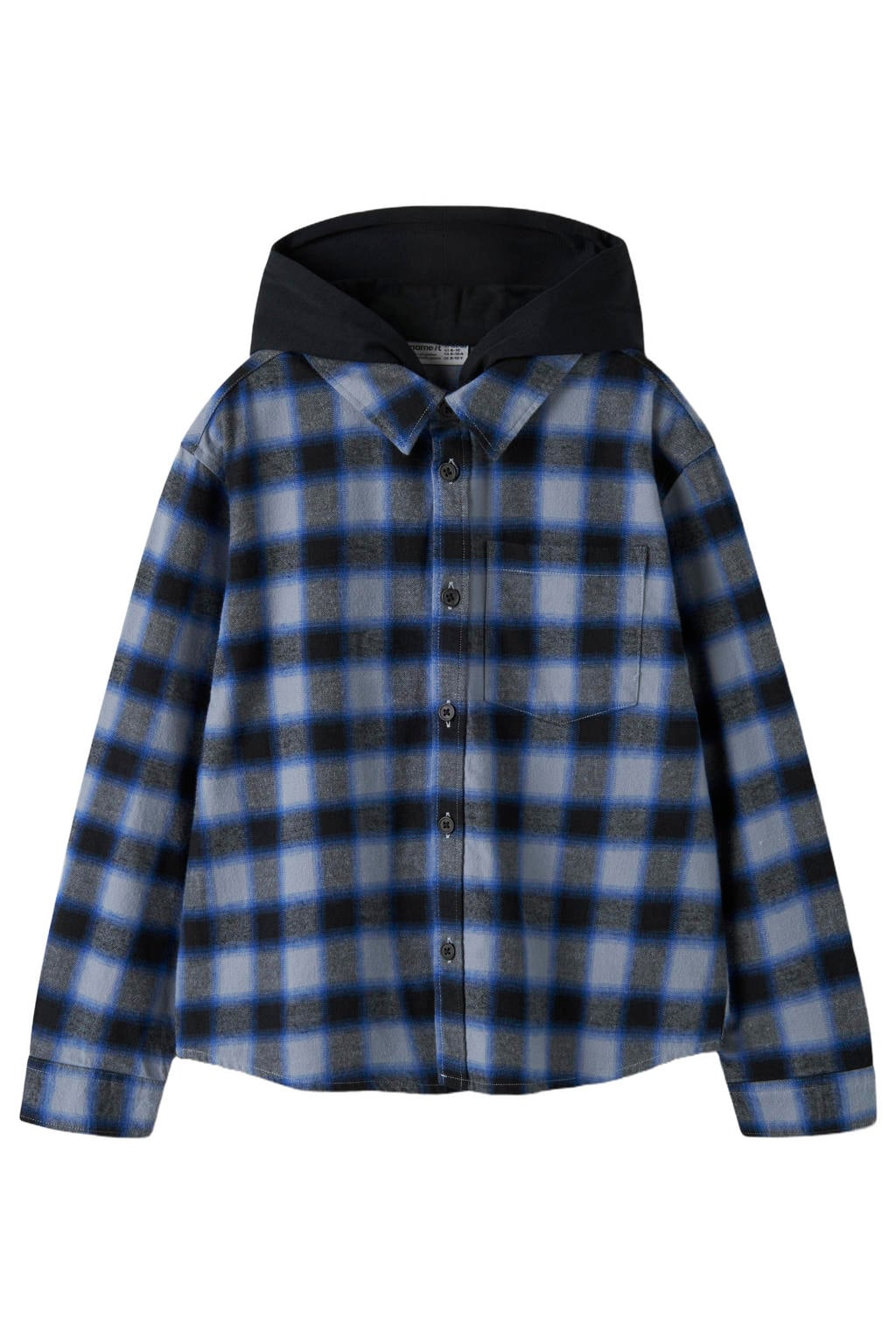 Blauw en zwarte jongens NAME IT KIDS geruit overhemd van katoen met lange mouwen, capuchon, knoopsluiting en geweven detail
