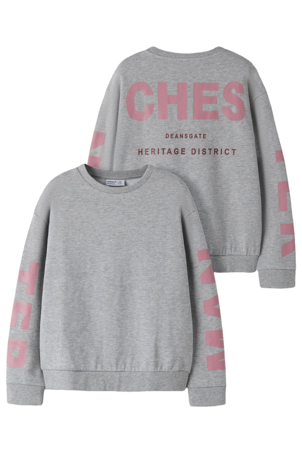 Grijs melange meisjes NAME IT KIDS oversized sweater met backprint, lange mouwen en ronde hals
