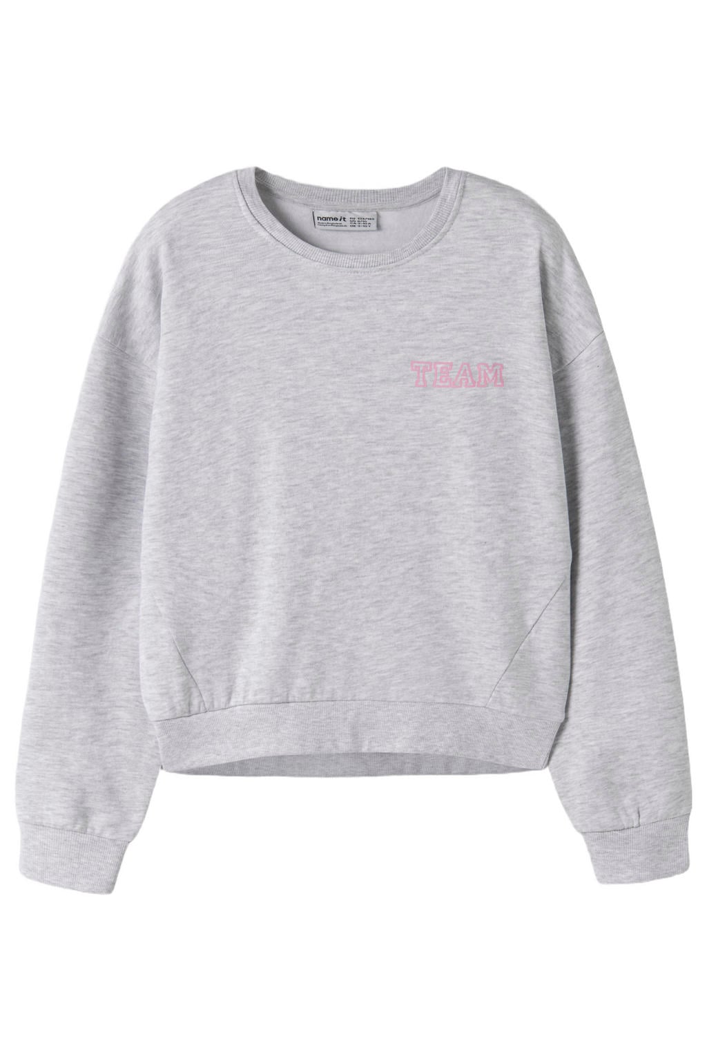 Grijs melange meisjes NAME IT KIDS sweater met tekst print, lange mouwen en ronde hals
