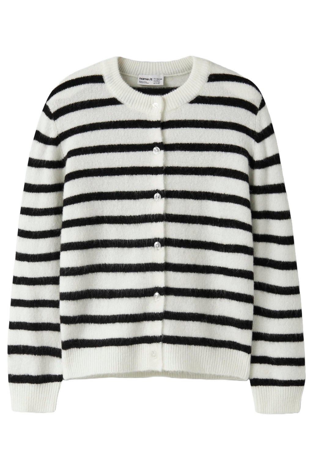 Ecru en zwarte meisjes NAME IT KIDS rechtvallend gebreide gestreept vest van acryl met lange mouwen, ronde hals en knoopsluiting