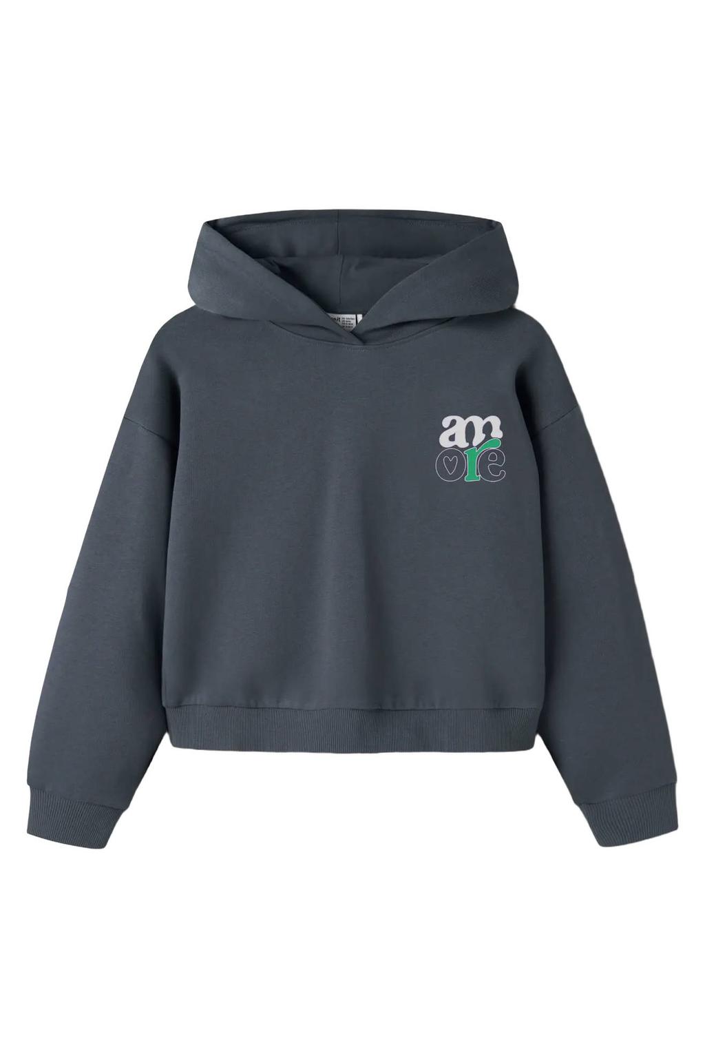 Donkerblauwe meisjes NAME IT KIDS hoodie van sweat materiaal met backprint, lange mouwen en capuchon