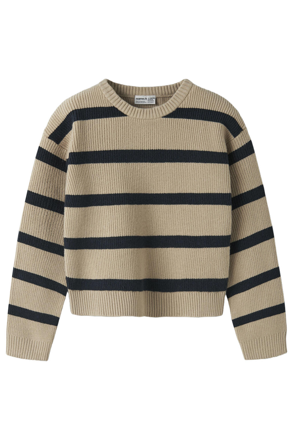 Beige en zwarte meisjes NAME IT KIDS rechtvallende gebreide gestreepte trui van viscose met lange mouwen en ronde hals