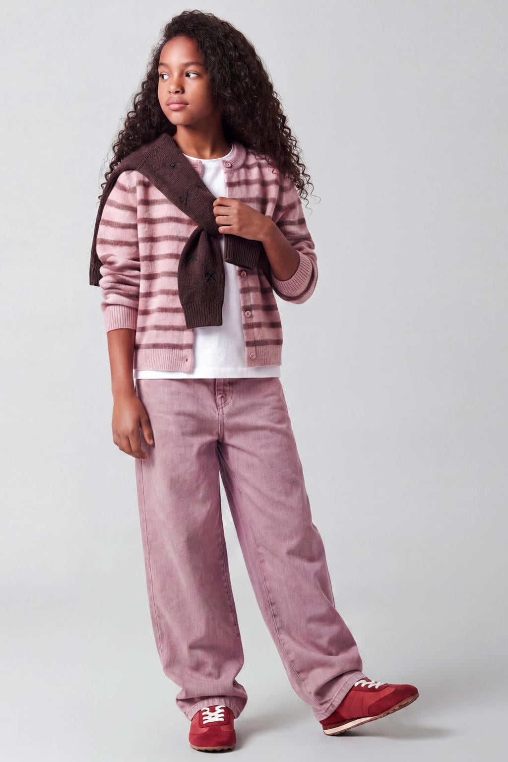 Roze en oudroze meisjes NAME IT KIDS rechtvallende gebreide gestreepte vest van acryl met lange mouwen, ronde hals en knoopsluiting