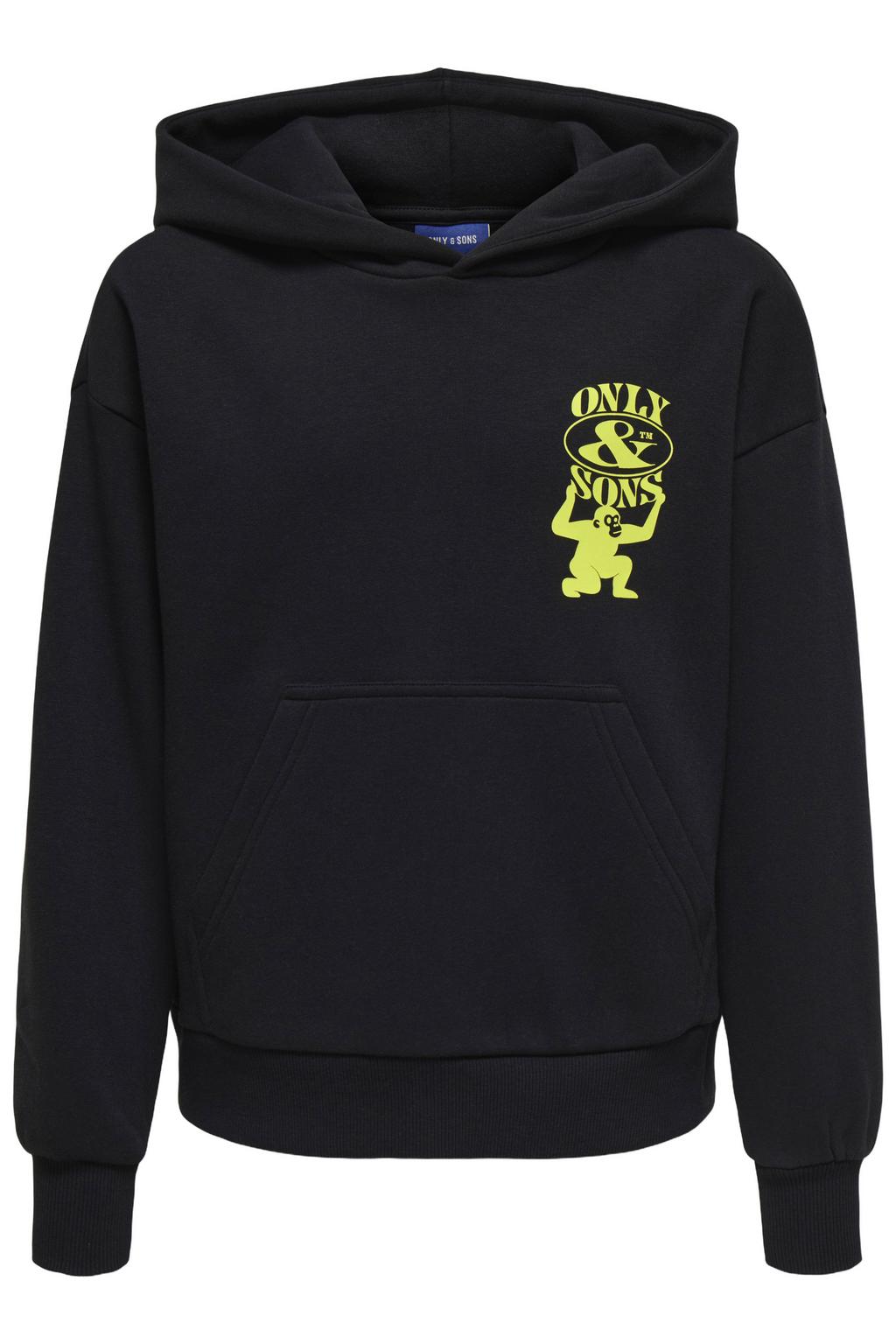 Zwarte jongens ONLY & SONS JUNIOR hoodie van sweat materiaal met backprint, lange mouwen en capuchon