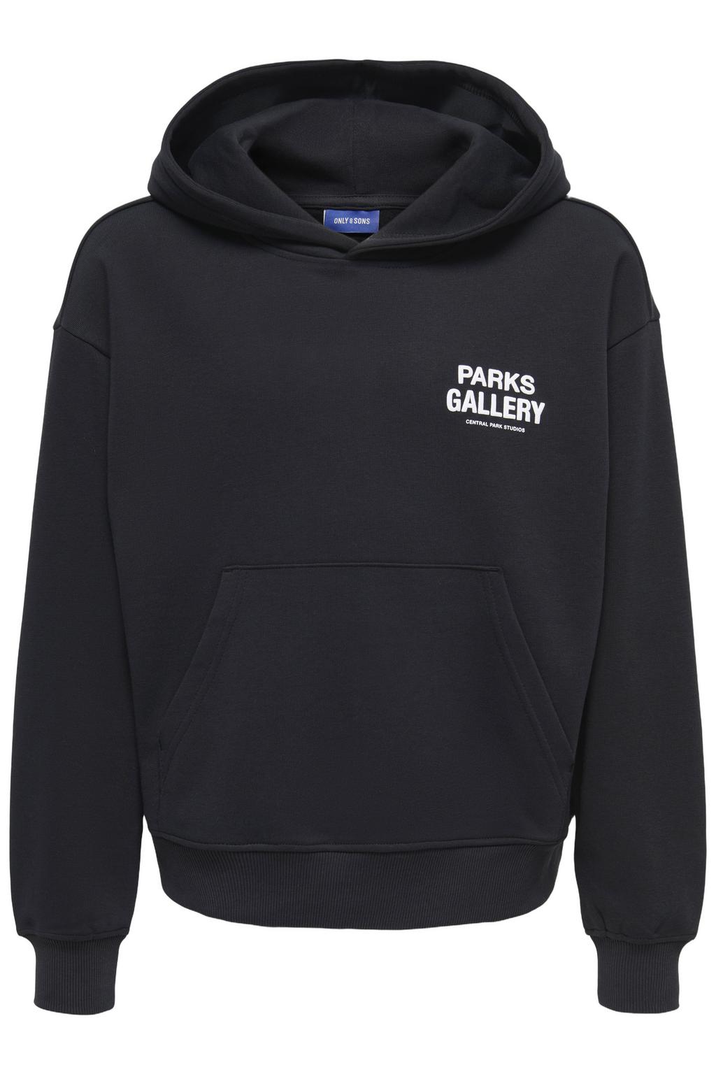 Zwarte jongens ONLY & SONS JUNIOR hoodie van sweat materiaal met backprint, lange mouwen en capuchon