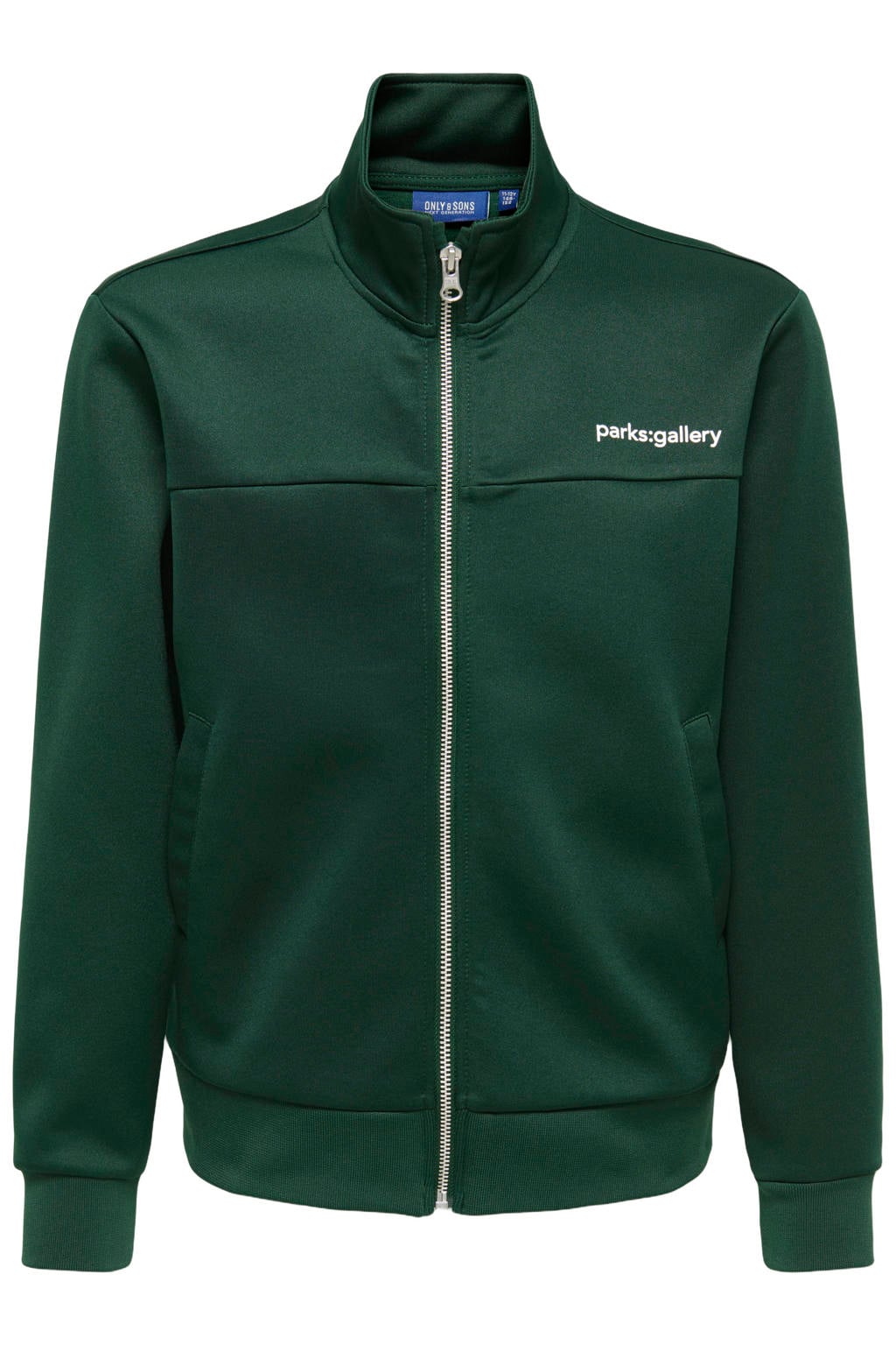 Groene jongens ONLY & SONS JUNIOR sweatvest van polyester met effen, lange mouwen, opstaande kraag, ritssluiting en geribde boorden