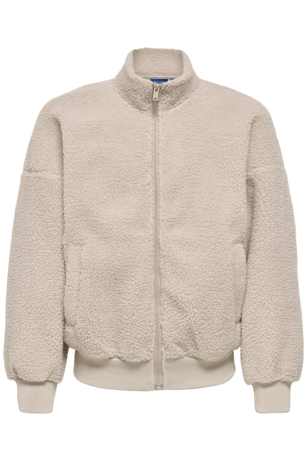 Ecru en groene jongens ONLY & SONS JUNIOR teddy sweatvest met backprint, lange mouwen, opstaande kraag, ritssluiting en elastische boord