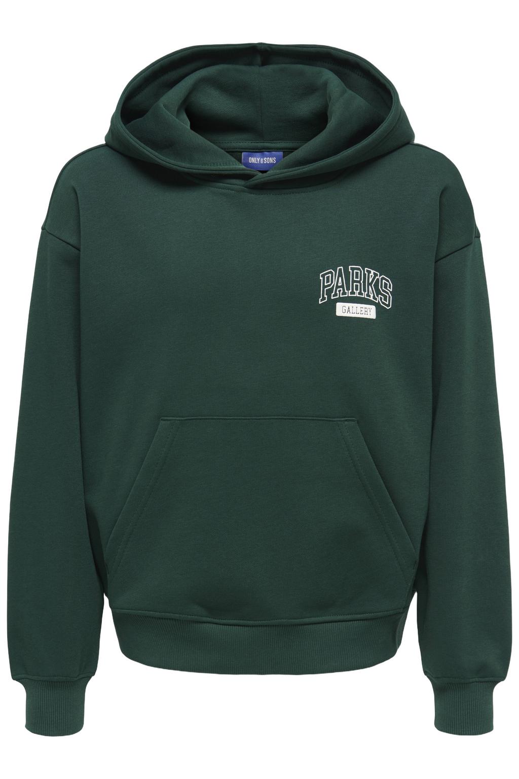 Donkergroene jongens ONLY & SONS JUNIOR hoodie van sweat materiaal met backprint, lange mouwen en capuchon