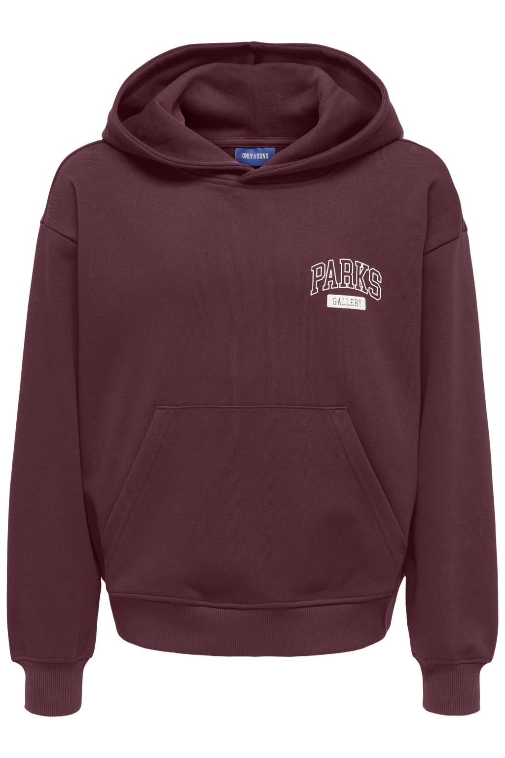 Donkerrode jongens ONLY & SONS JUNIOR hoodie van sweat materiaal met backprint, lange mouwen en capuchon