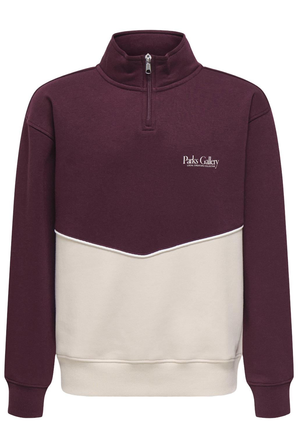 Donkerrood en ecru jongens ONLY & SONS JUNIOR sweater met meerkleurige print, lange mouwen, opstaande kraag en halve rits