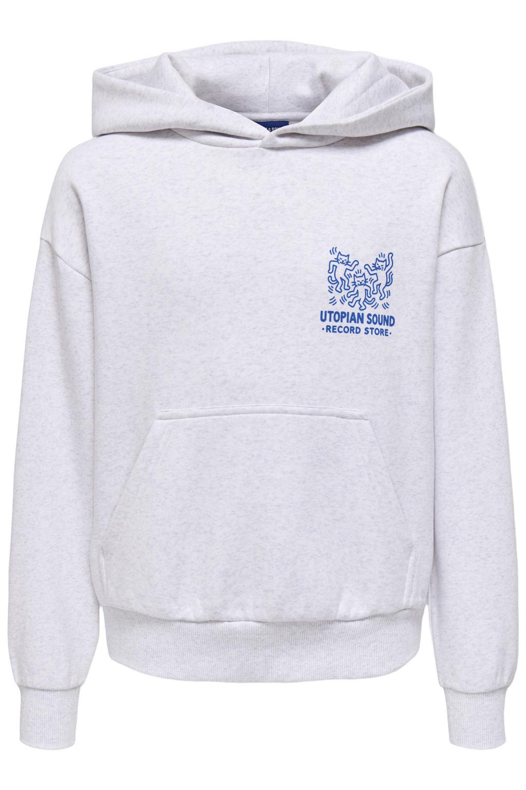 Lichtgrijze jongens ONLY & SONS JUNIOR hoodie van sweat materiaal met backprint, lange mouwen en capuchon