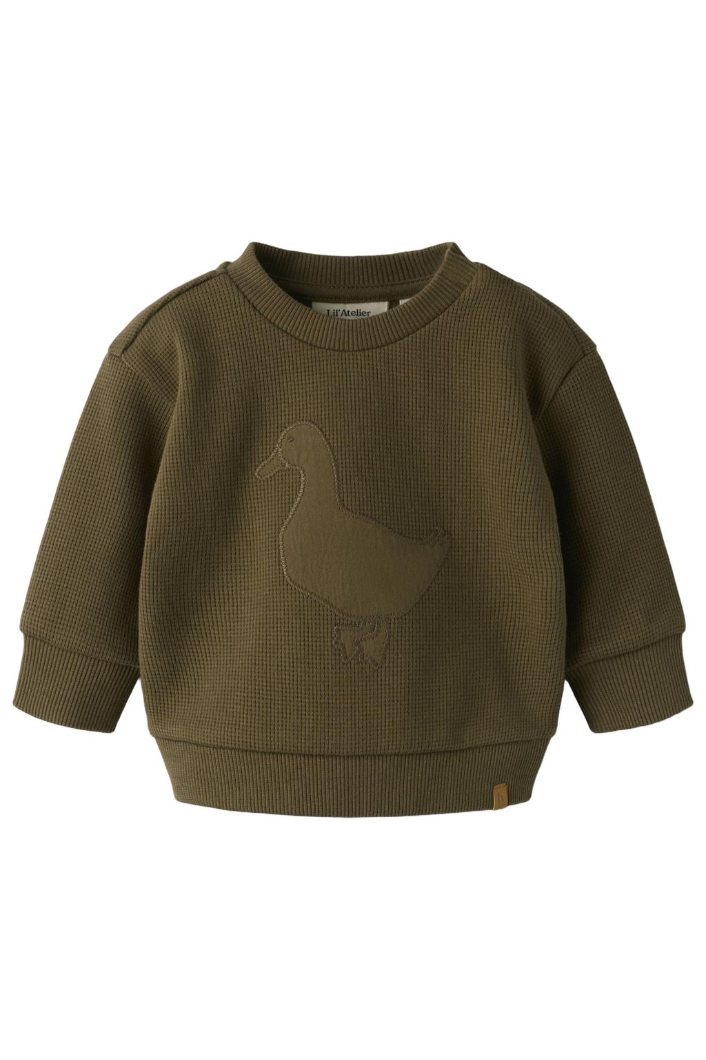 Olijfgroene jongens LIL' ATELIER BABY rechtvallende sweater met effen, lange mouwen, ronde hals en patches