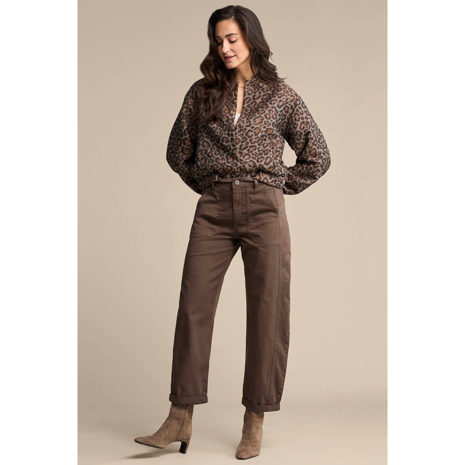 Red Button jacquard bomberjack met glitters en panterprint grijsbruin