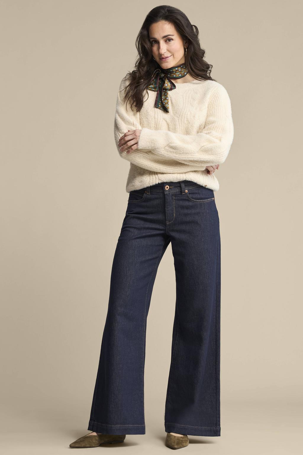 Dark blue denim dames Red Button wide leg jeans van stretchdenim met high waist, rits- en knoopsluiting en effen