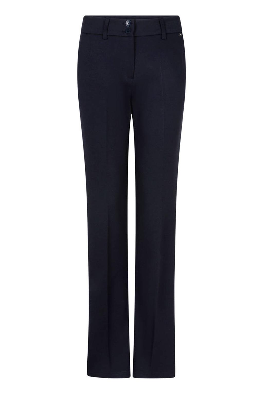 Donkerblauwe dames Red Button flared broek van polyamide met regular waist, rits- en knoopsluiting en effen