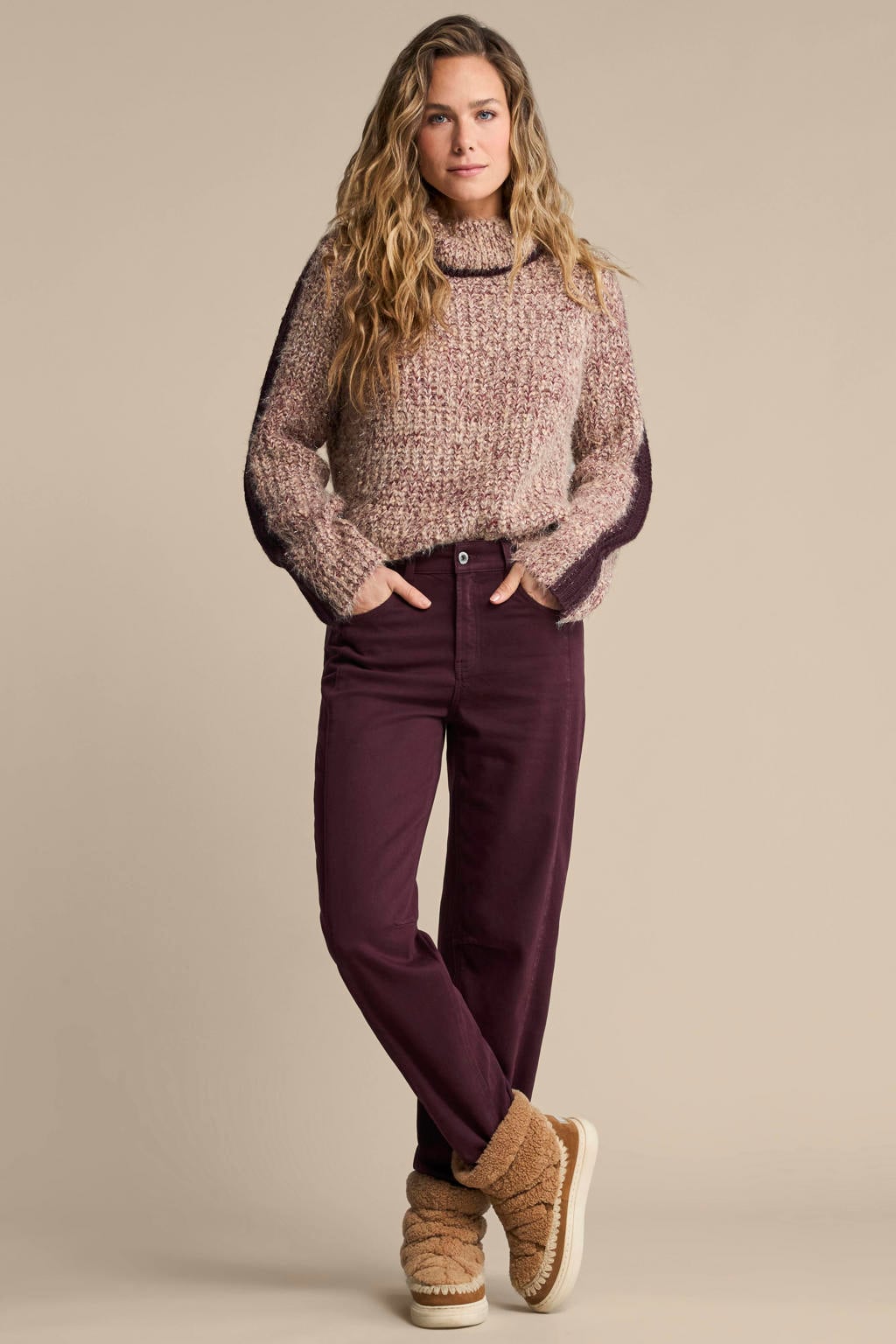Donkerrode dames Red Button gebreide trui van acryl met effen, lange mouwen, col en contrast bies