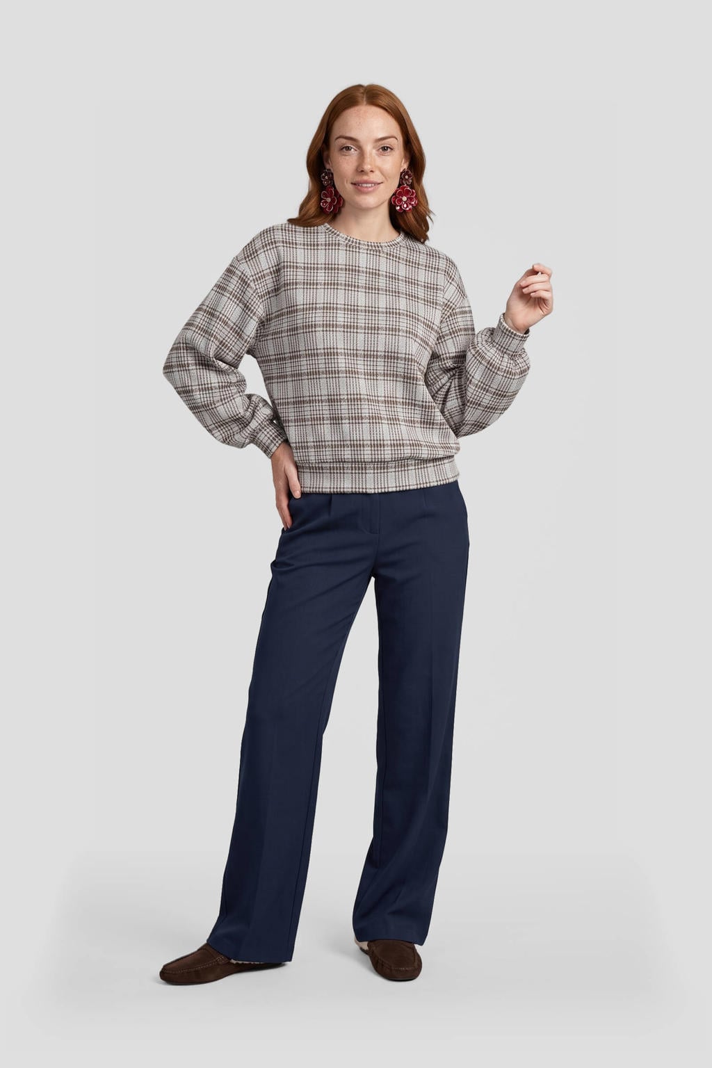 Multi, bruin en blauwe dames Anytime sweater van polyester met effen, lange mouwen en ronde hals