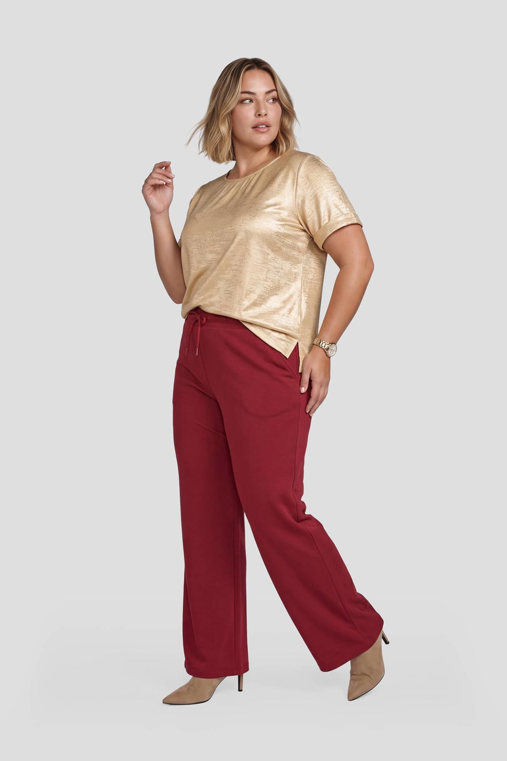 Donkerrode dames GREAT LOOKS wide leg broek met high waist, elastische tailleband met koord en effen